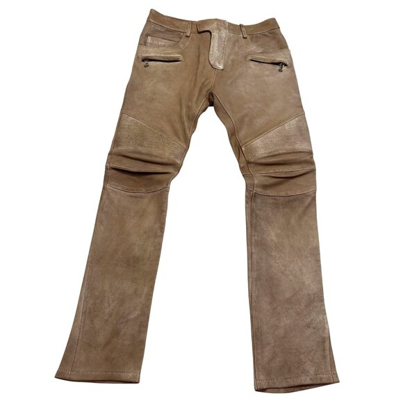 Balmain Paris Lamb Leather Moto Pants in Taupe - Picture 2 of 11
